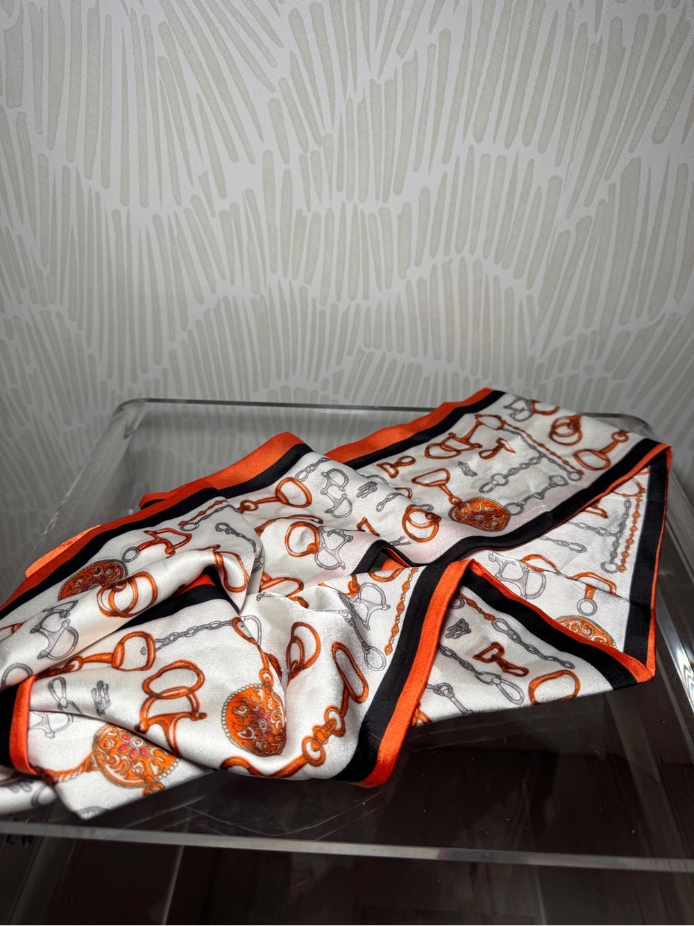 Silky White Scarf with Orange and Black Trim - Luxe Horsebit Print